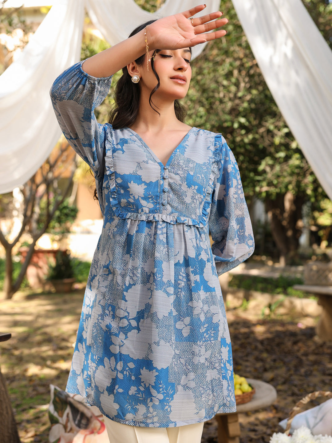 Naari By Shree Blue Georgette Floral Printed A-Line Tunic