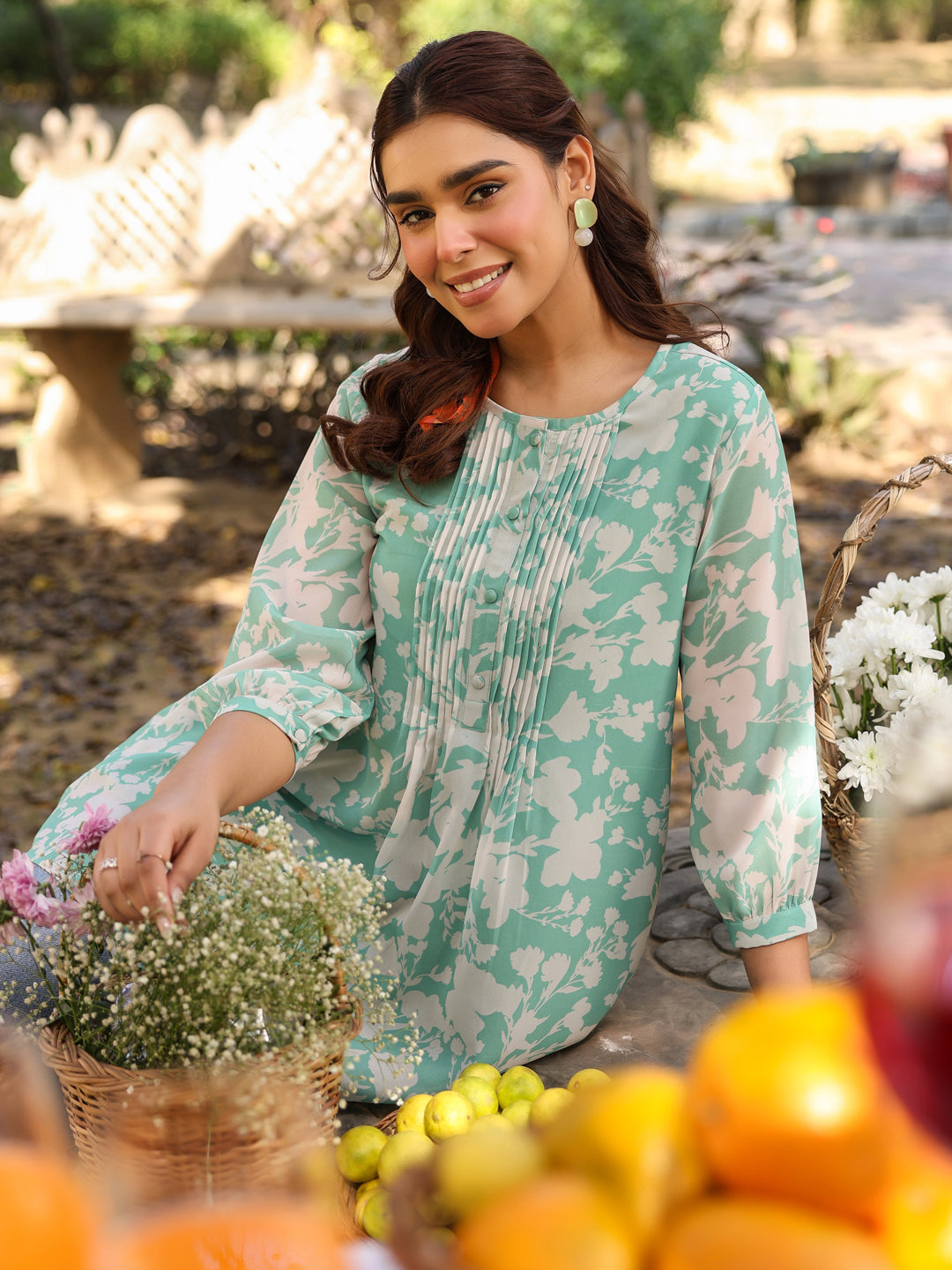 Naari By Shree Green Georgette Floral Printed A-Line Tunic