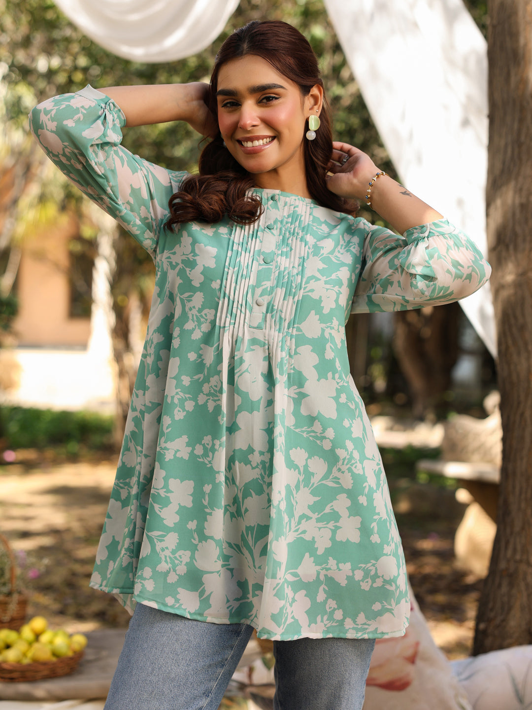 Naari By Shree Green Georgette Floral Printed A-Line Tunic