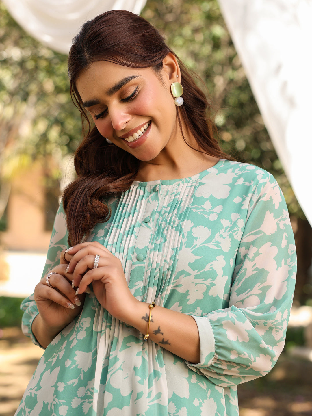 Naari By Shree Green Georgette Floral Printed A-Line Tunic