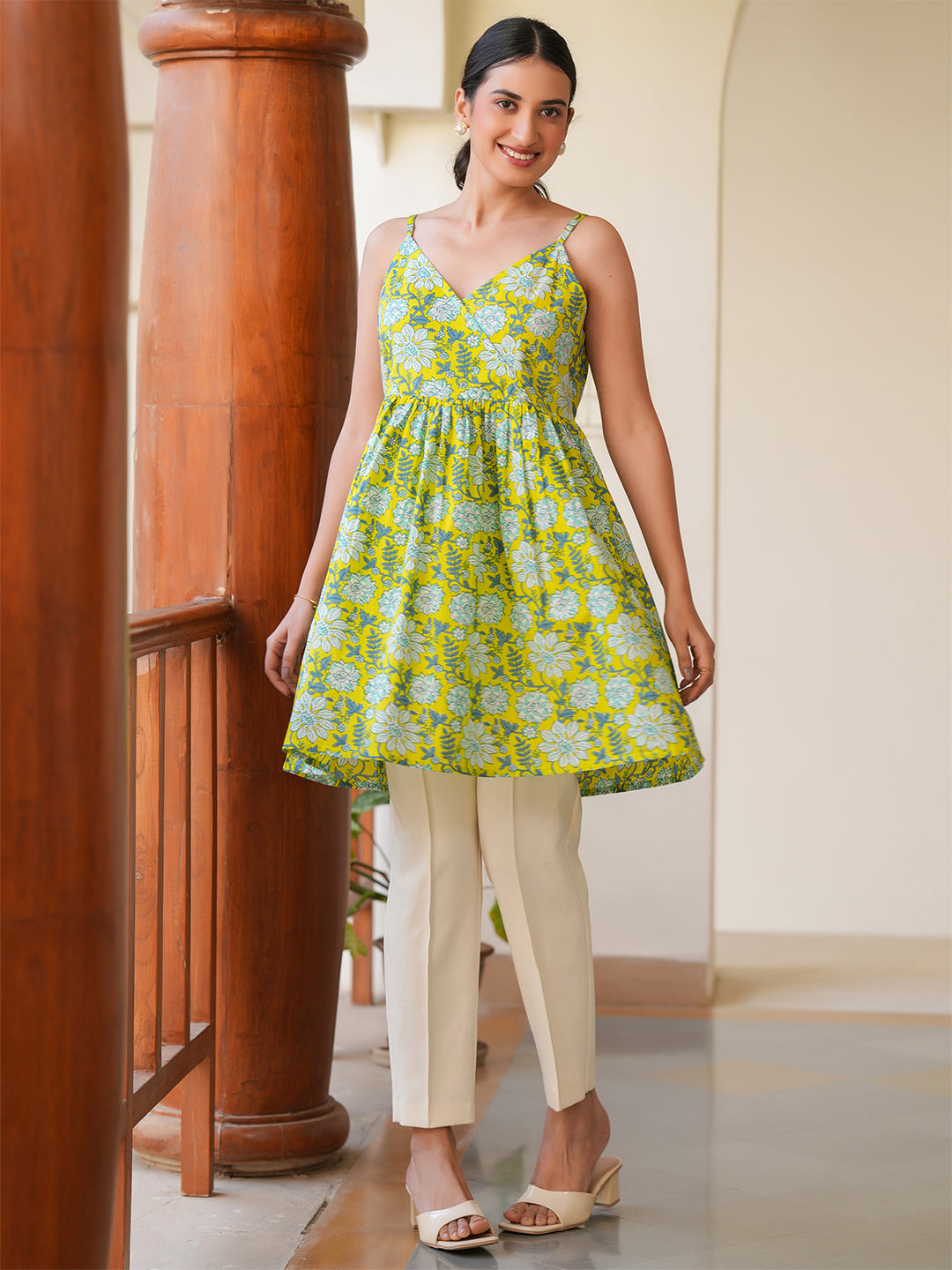 Naari By Shree Lime Pure Cotton Floral Printed A-Line Tunic