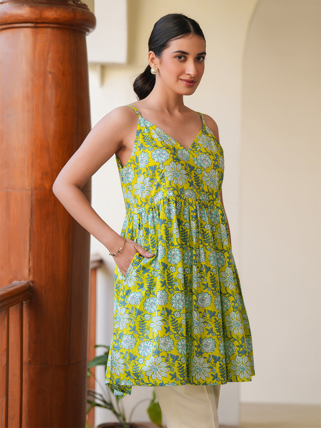 Naari By Shree Lime Pure Cotton Floral Printed A-Line Tunic