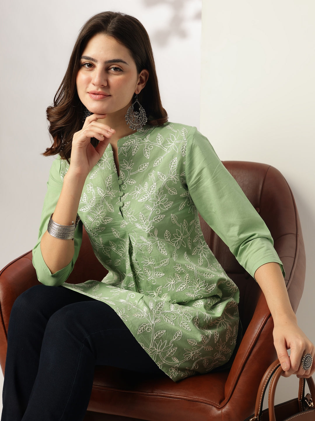 Naari By Shree Light Green Pure Cotton Embroidered A-line Tunic
