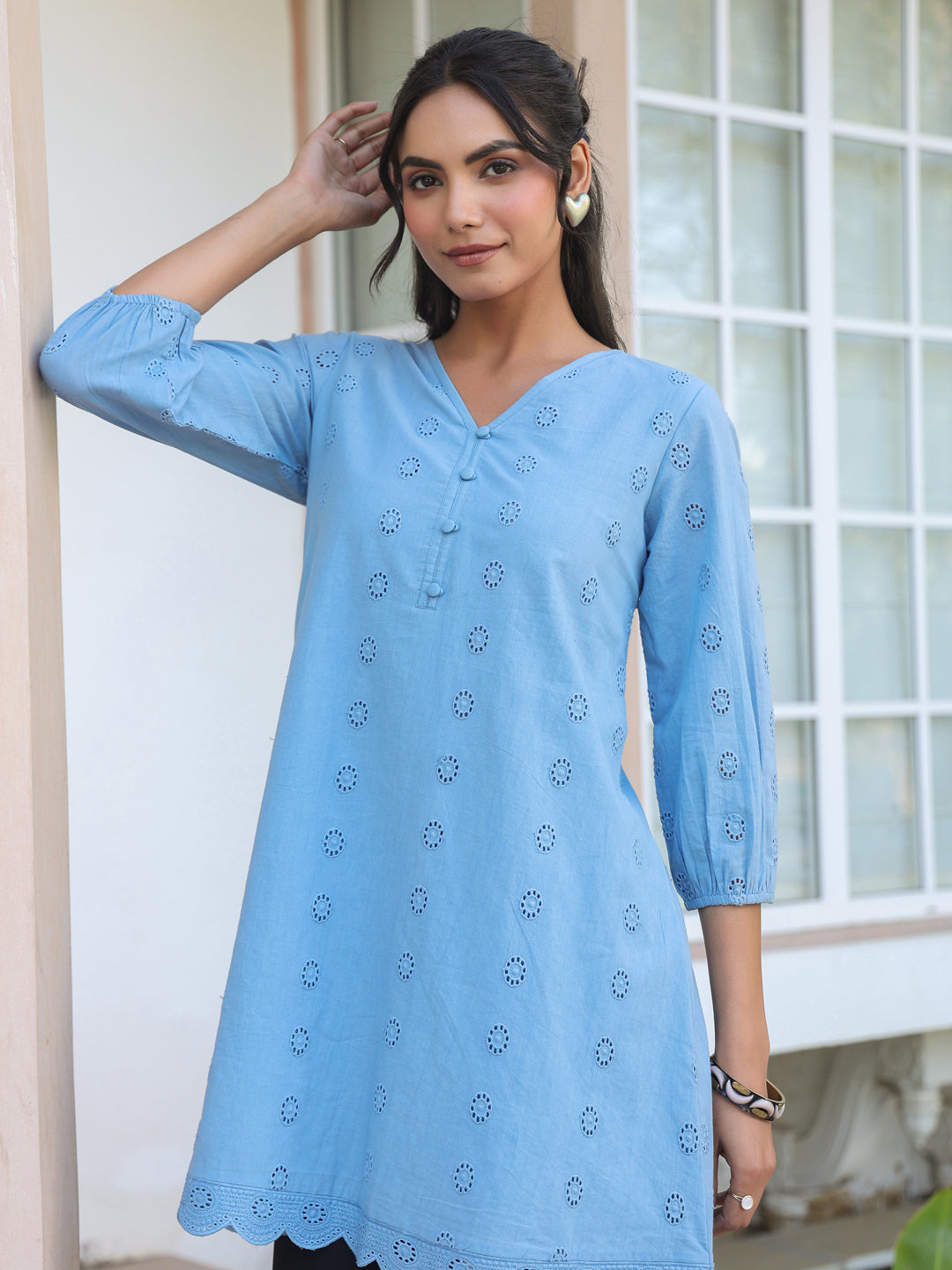Naari By Shree Women's Light Blue Pure Cotton Schiffli Embroidered A-line Tunic