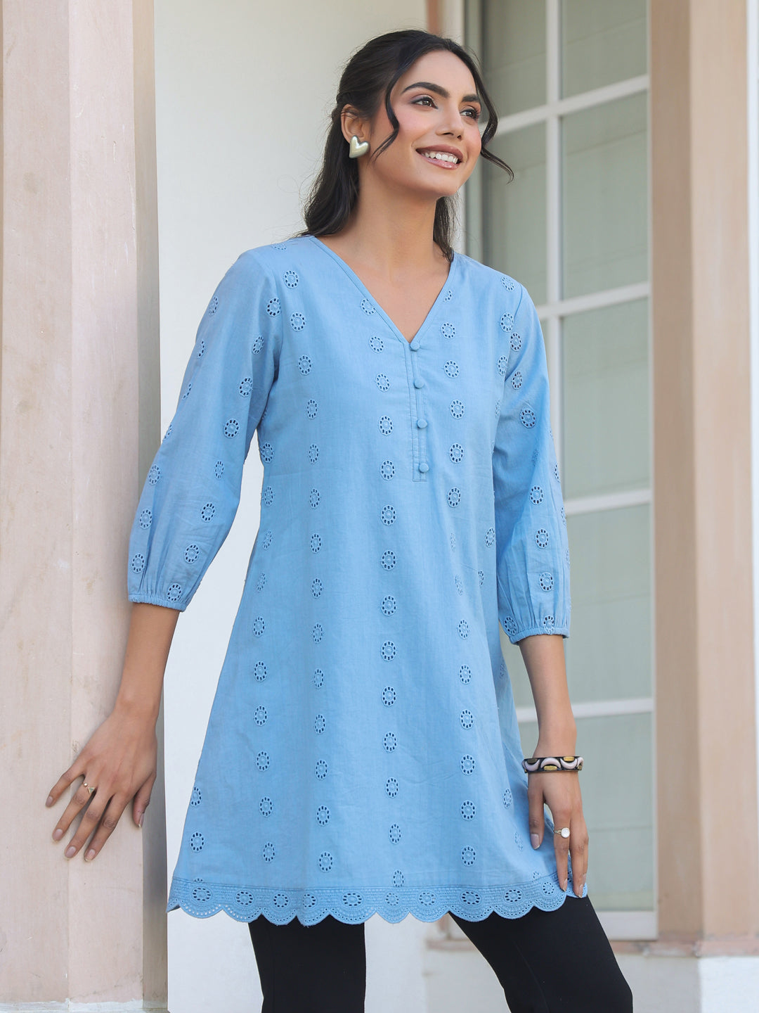 Naari By Shree Women's Light Blue Pure Cotton Schiffli Embroidered A-line Tunic