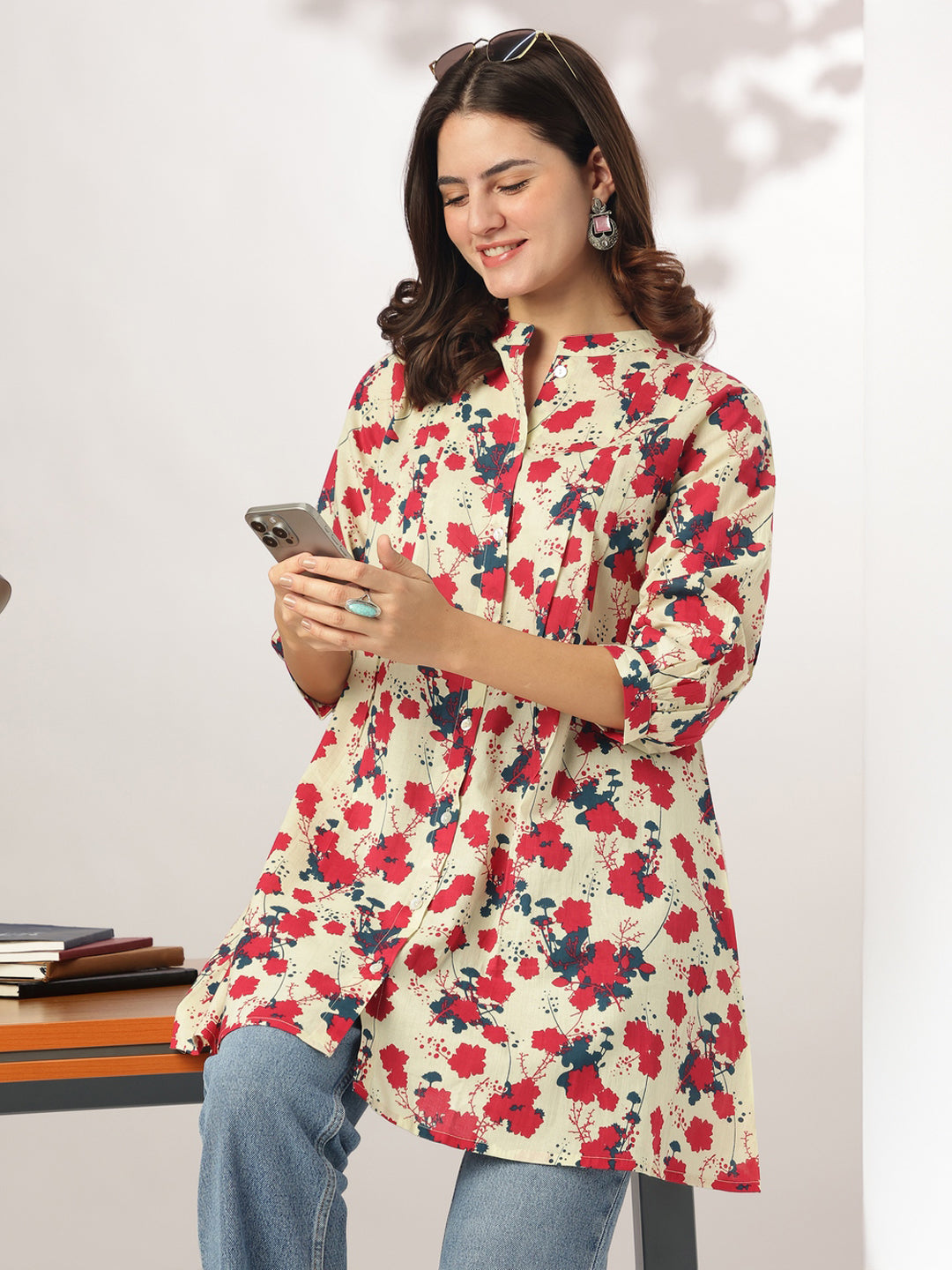 Naari By Shree Cream Pure Cotton Floral Printed A-line Tunic