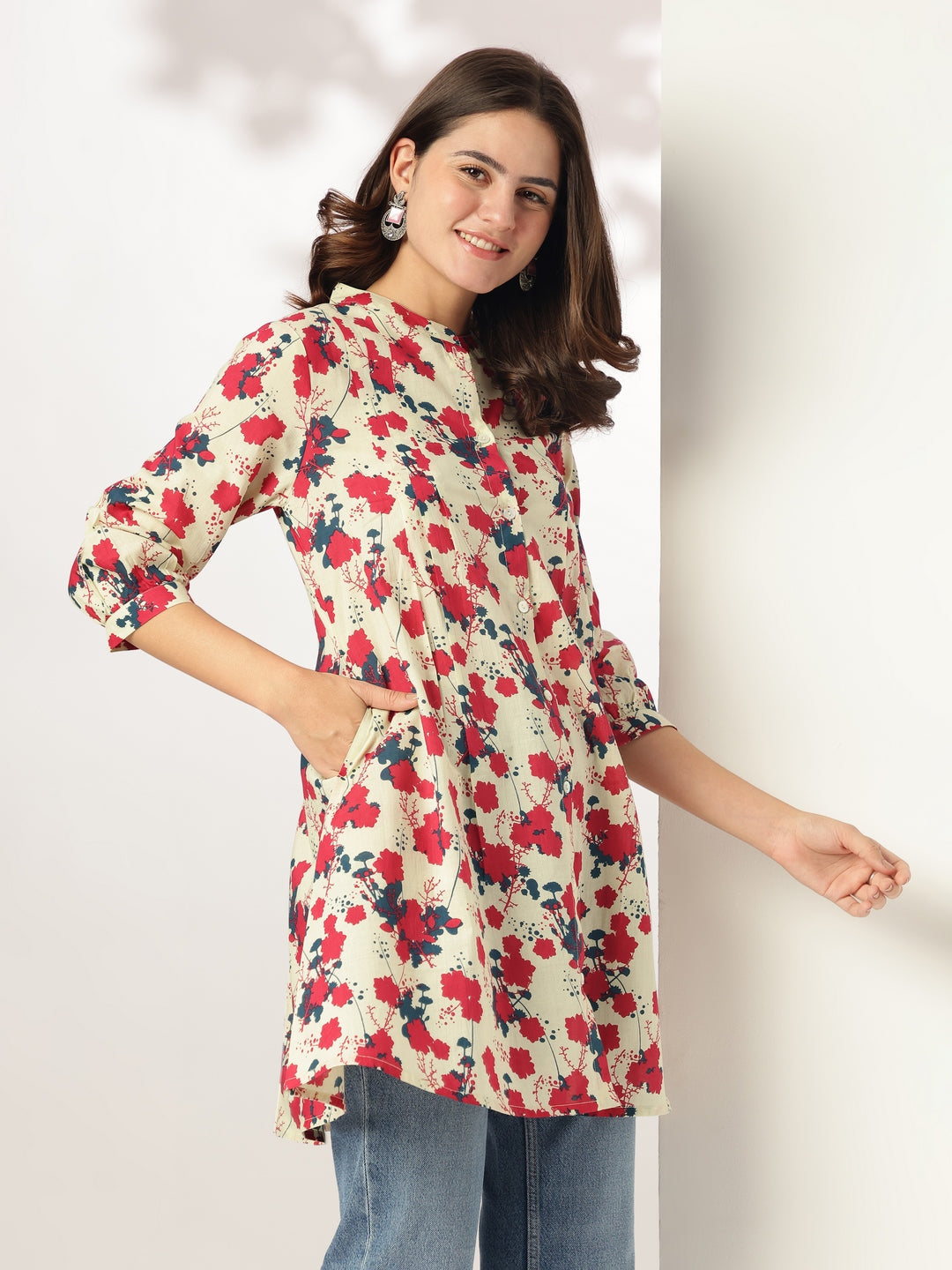 Naari By Shree Cream Pure Cotton Floral Printed A-line Tunic