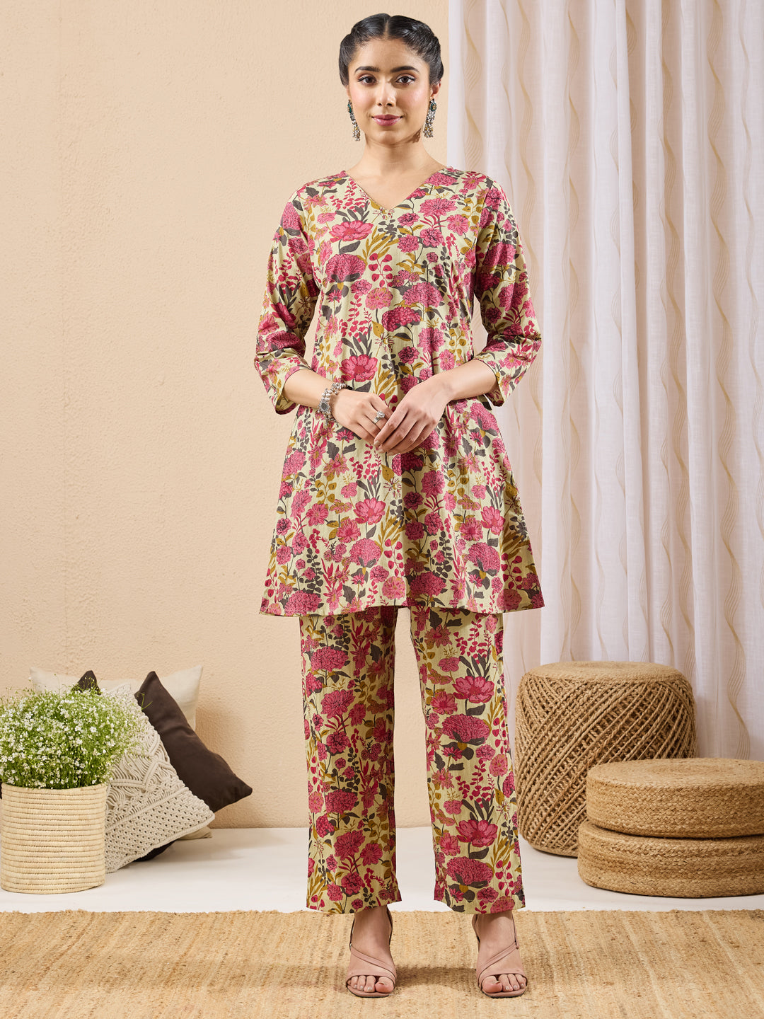 Naari By Shree Women's Mint Color Cotton Floral Printed A-line Co-ord Set