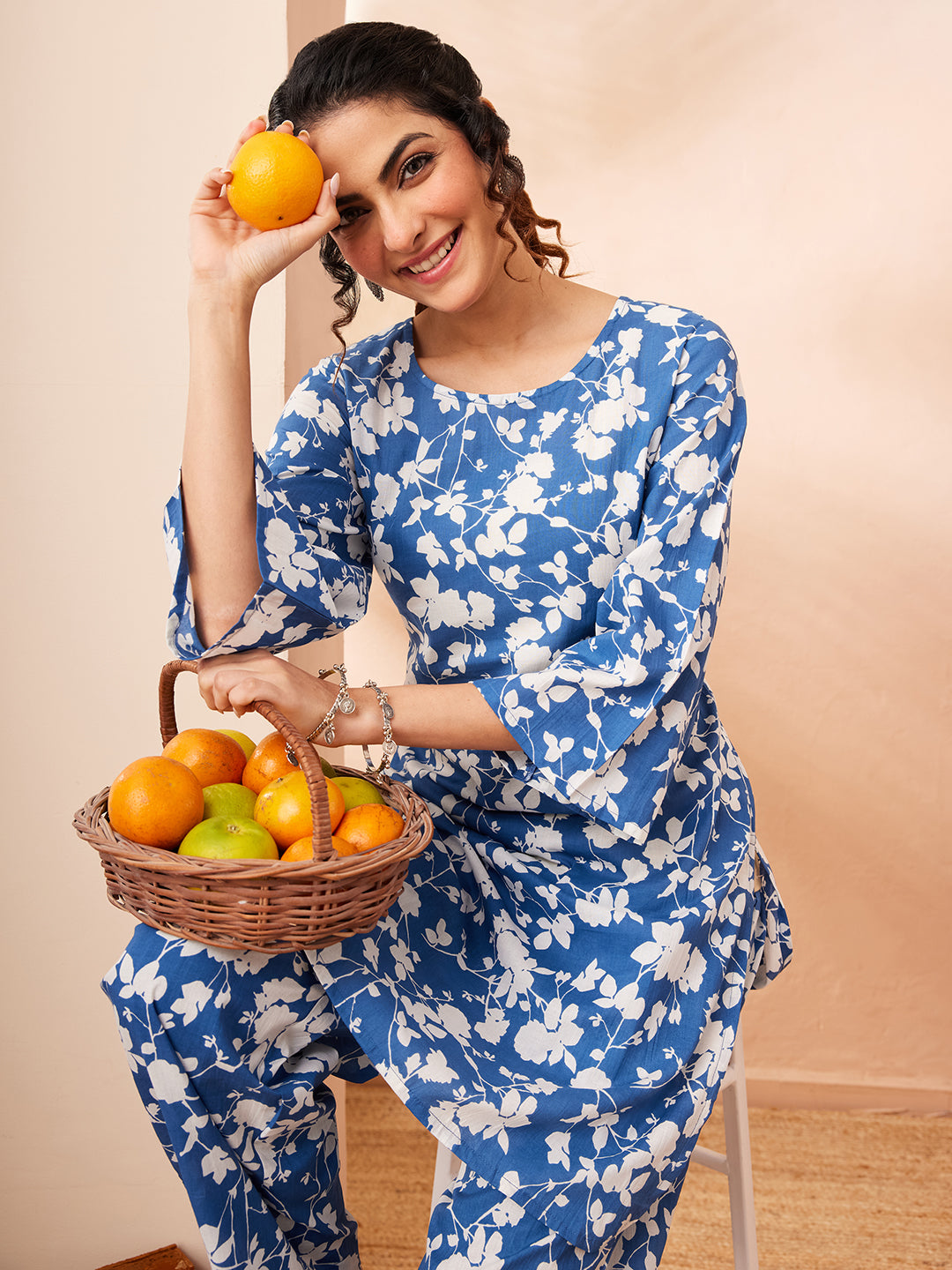 Naari By Shree Women's Blue Pure Cotton Floral Printed Straight Co-ord Set