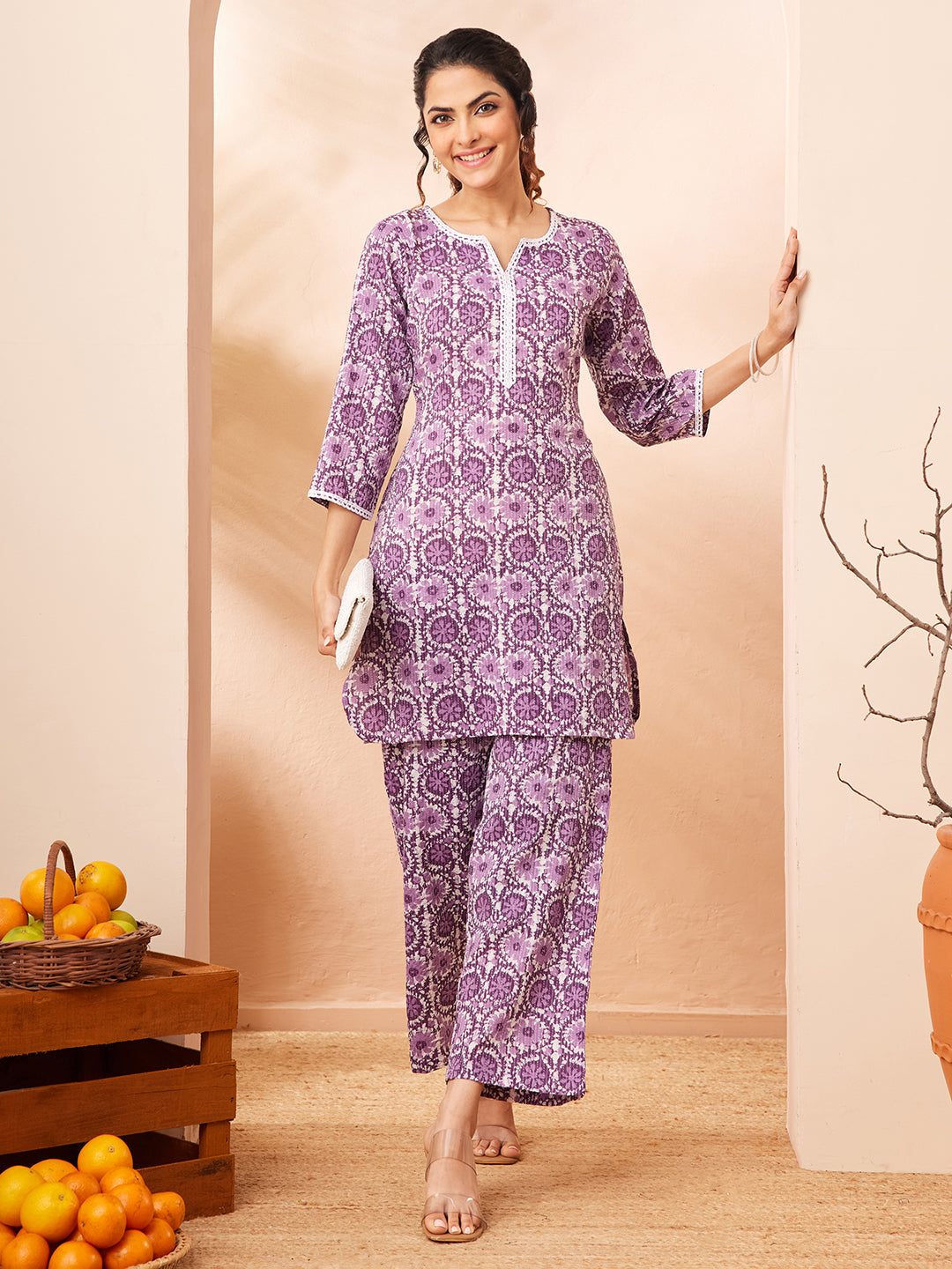 Naari By Shree Women's Purple Pure Cotton Floral Printed Straight Co-ord Set