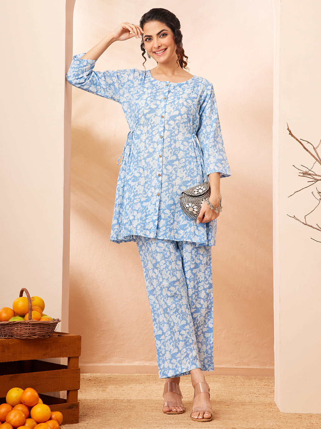 Naari By Shree Women's Light Blue Pure Cotton Floral Printed A-line Co-ord Set