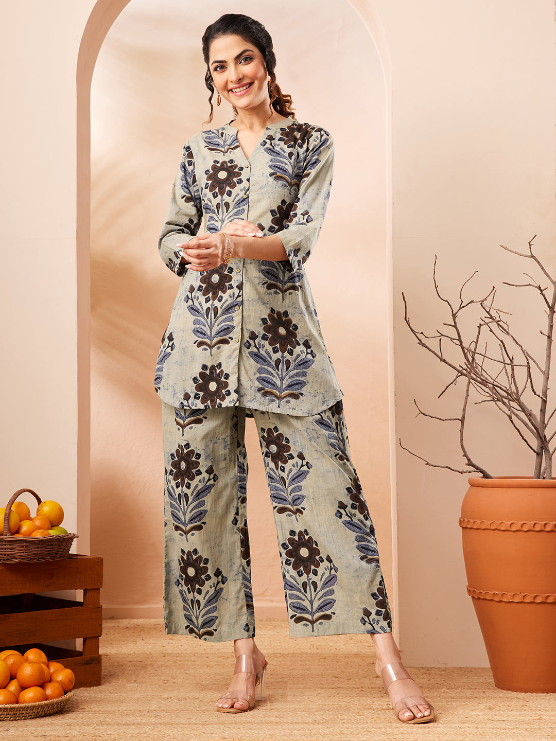 Naari By Shree Women's Multicolor Pure Cotton Floral Printed A-line Co-ord Set