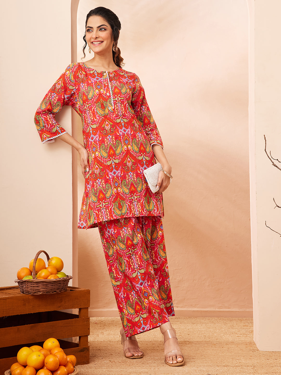 Naari By Shree Women's Multi Pure Cotton Ikkat Printed Straight Co-ord Set