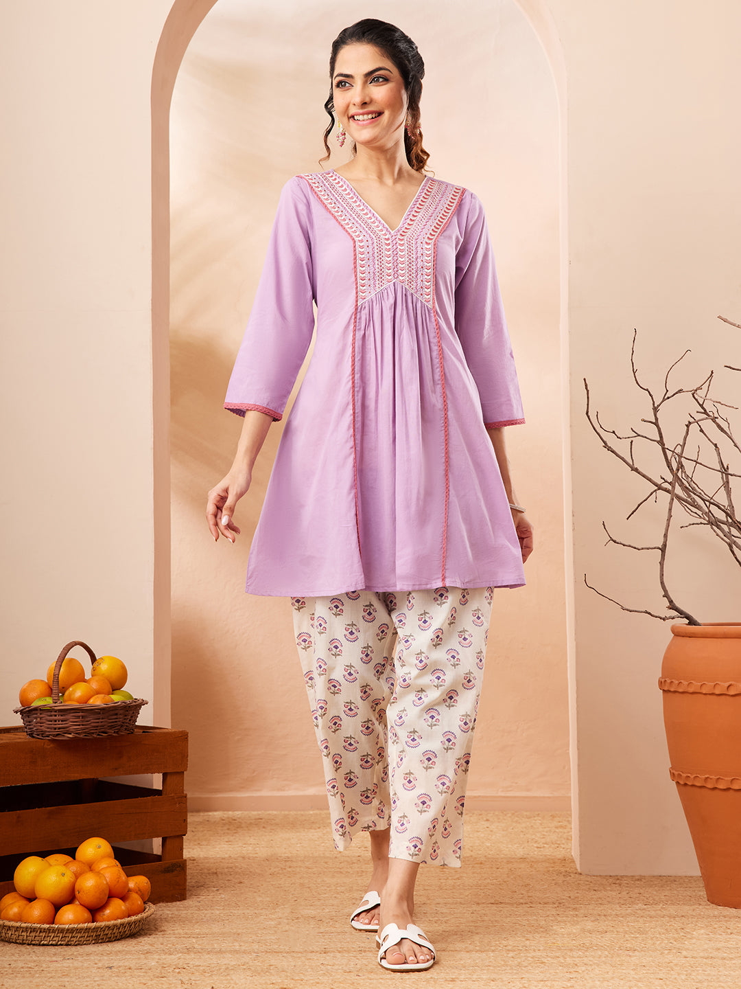 Naari By Shree Women's Lavender Pure Cotton Yoke Embroidered A-line Co-ord Set