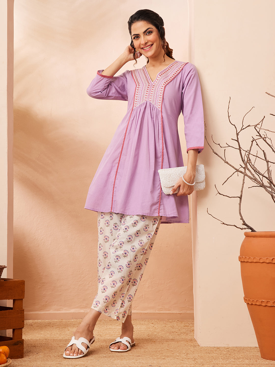 Naari By Shree Women's Lavender Pure Cotton Yoke Embroidered A-line Co-ord Set