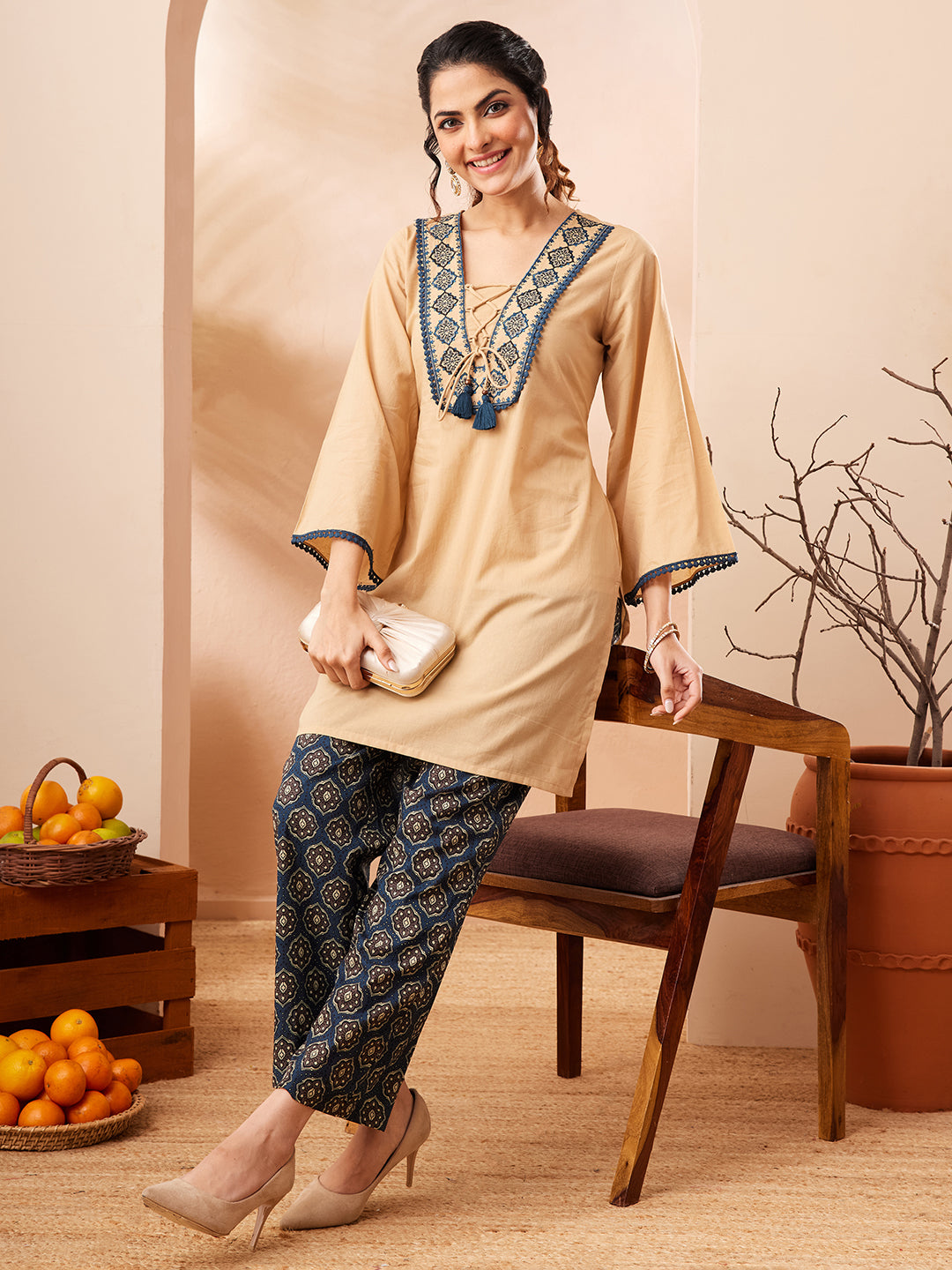 Naari By Shree Women's Beige Pure Cotton Yoke Embroidery Straight Co-ord Set