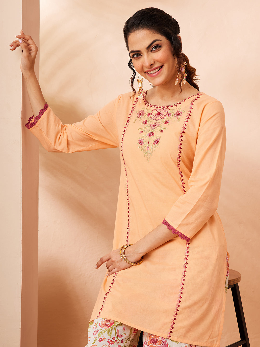 Naari By Shree Women's Peach Pure Cotton Yoke Embroidered Straight Co-ord Set