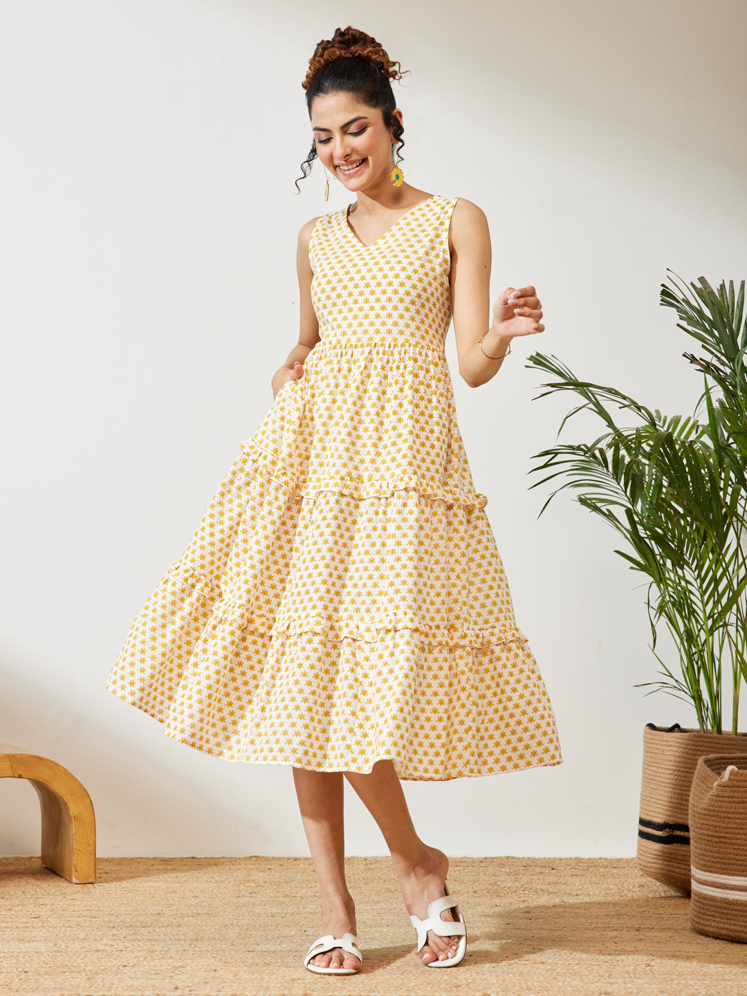 Naari By Shree Women's Yellow Pure Cotton Floral Printed Tiered Dress