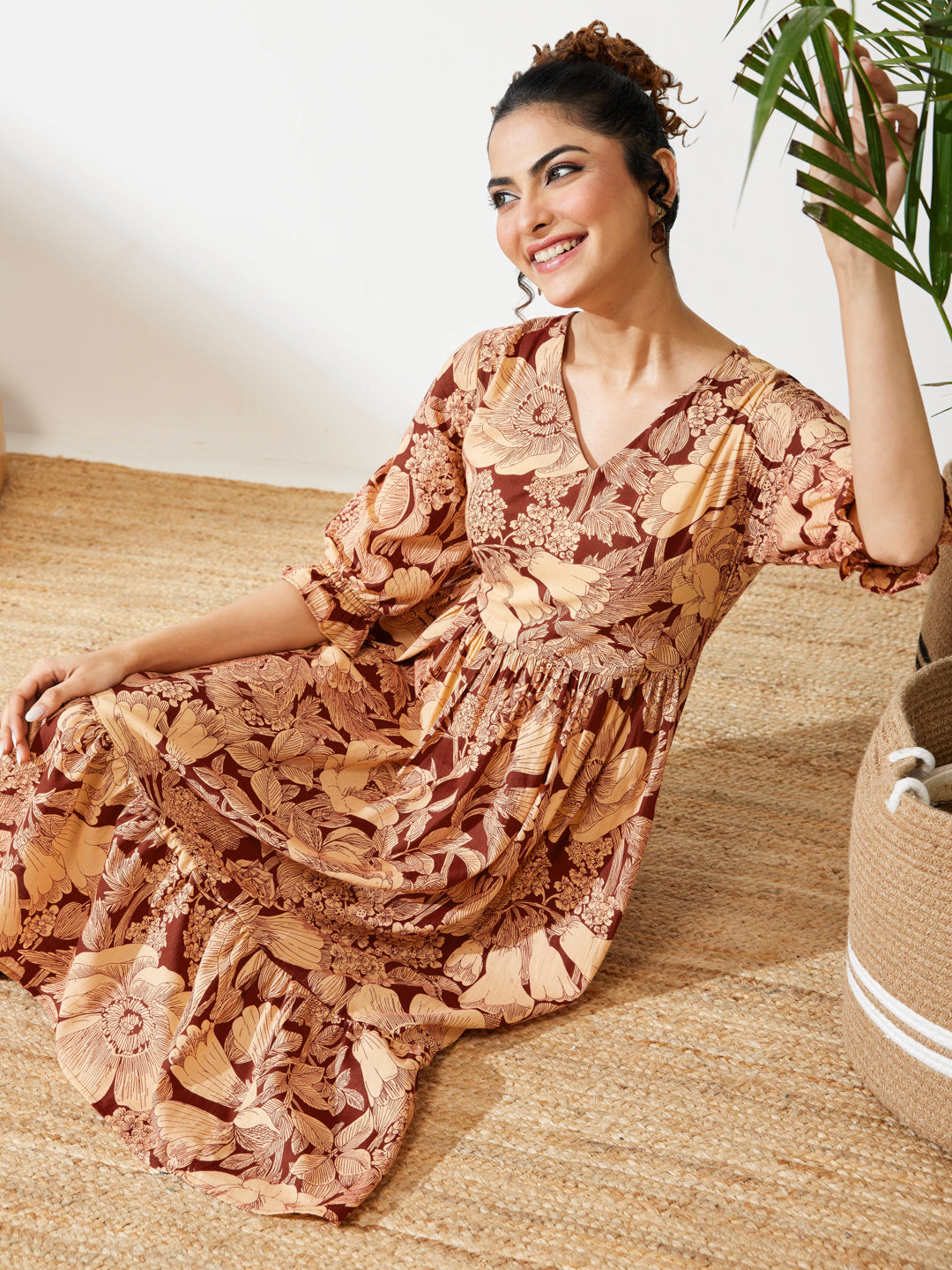 Naari By Shree Women's Maroon Pure Cotton Floral Printed Flared Dress