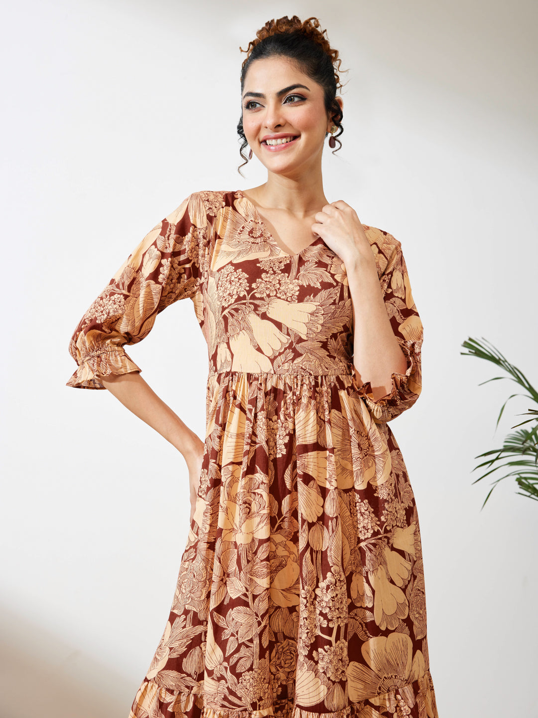 Naari By Shree Women's Maroon Pure Cotton Floral Printed Flared Dress