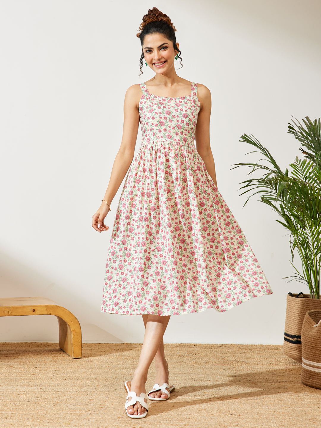 Naari By Shree Women's Off White Pure Cotton Floral Printed A-line Dress