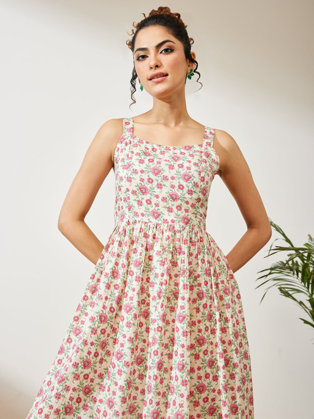 Naari By Shree Women's Off White Pure Cotton Floral Printed A-line Dress