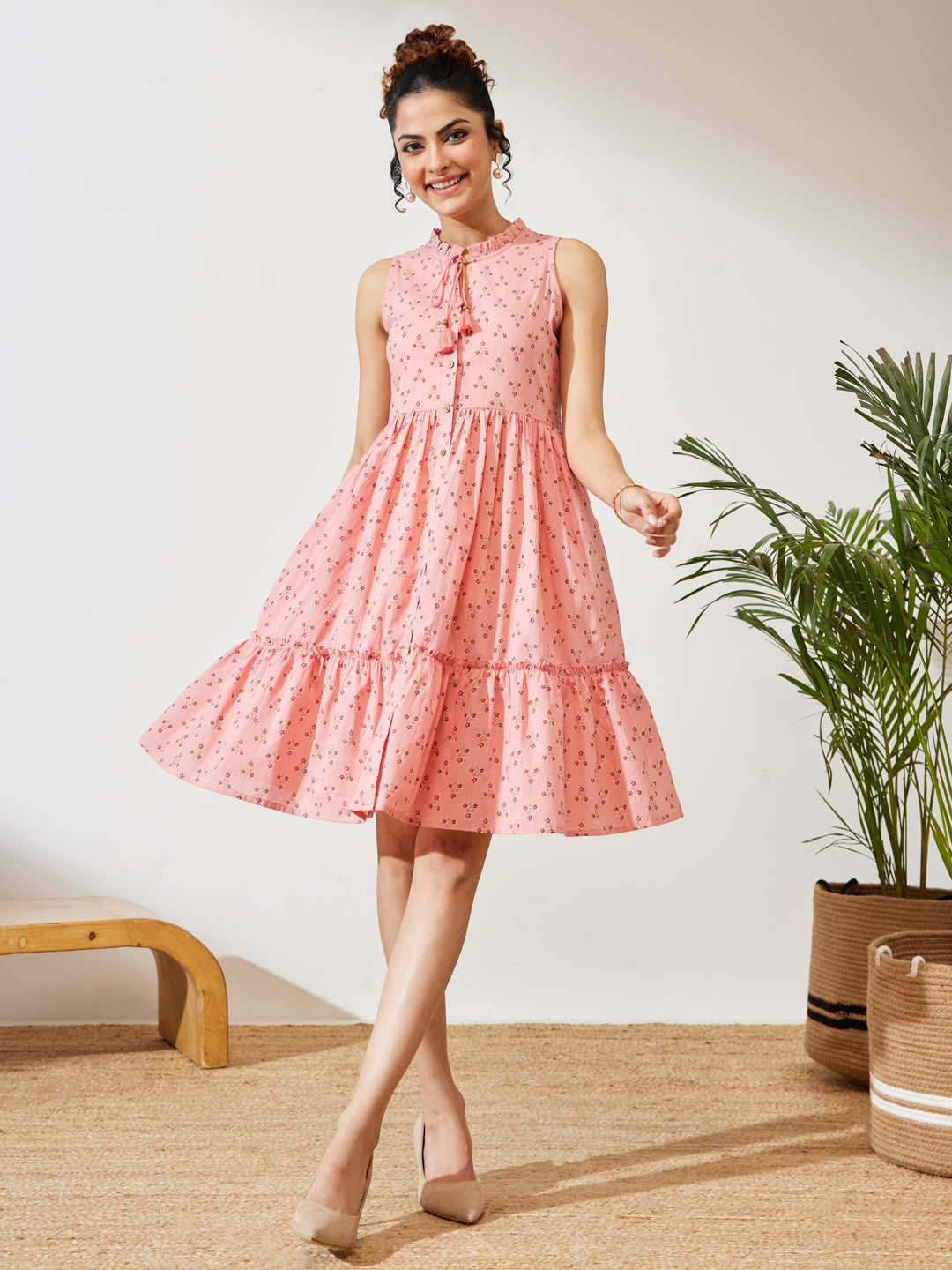 Naari By Shree Women's Peach Cotton Floral Printed Fit & Flare Dress