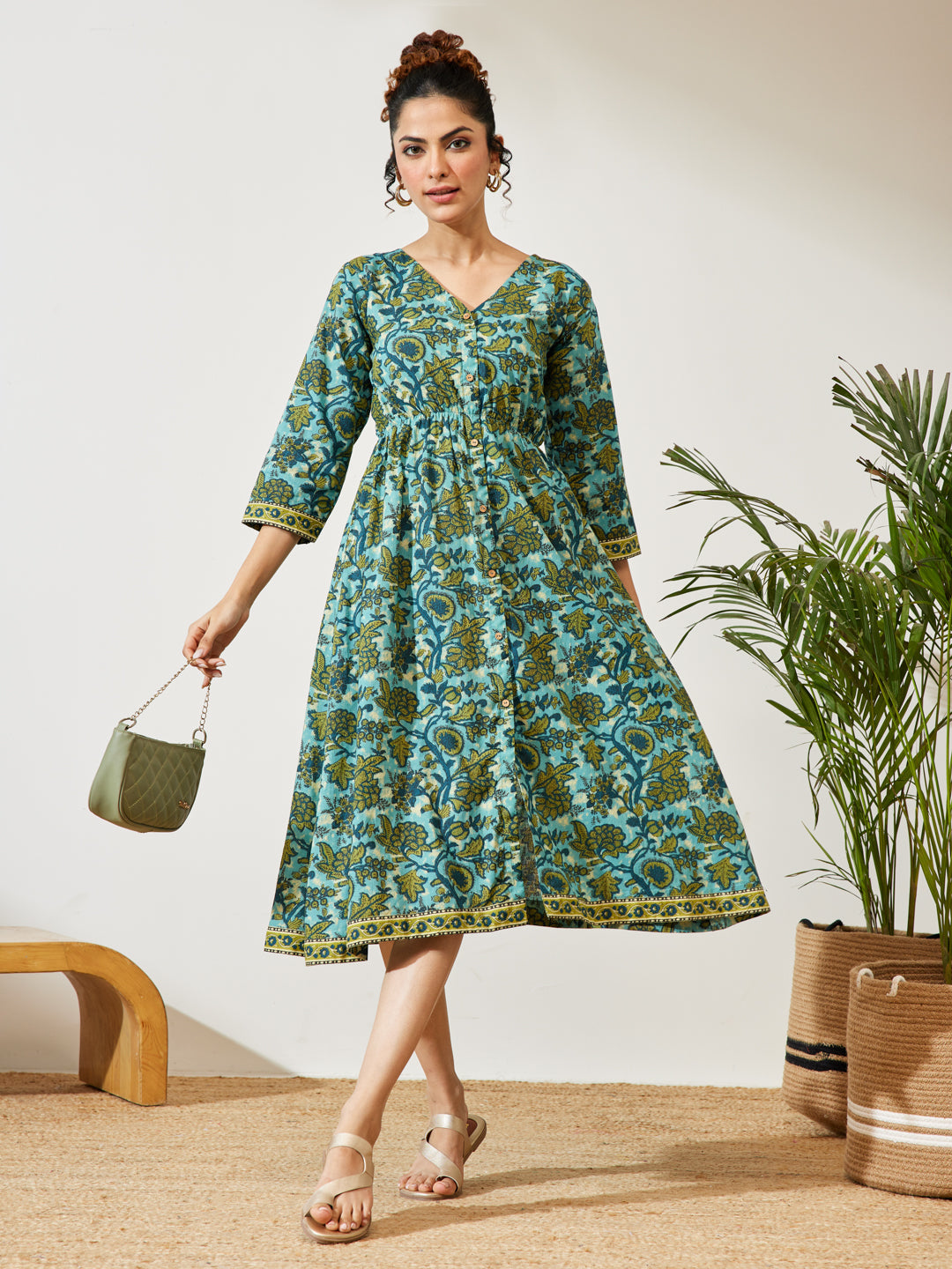 Naari By Shree Women's Teal Blue Pure Cotton Floral Printed A-line Dress