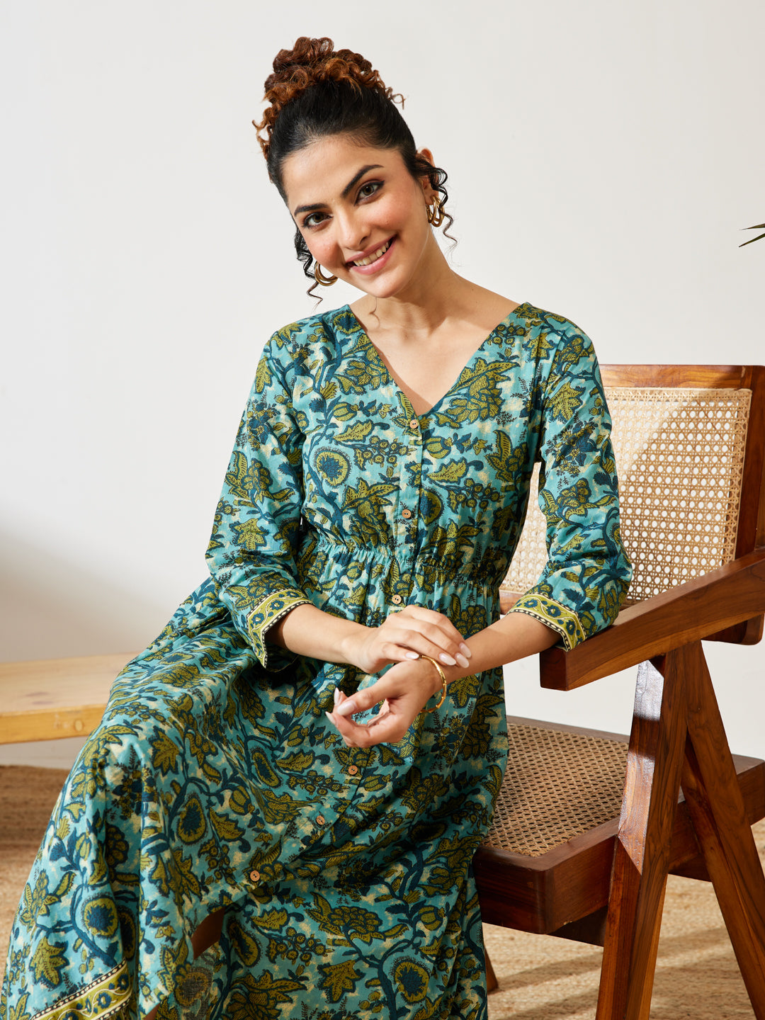 Naari By Shree Women's Teal Blue Pure Cotton Floral Printed A-line Dress