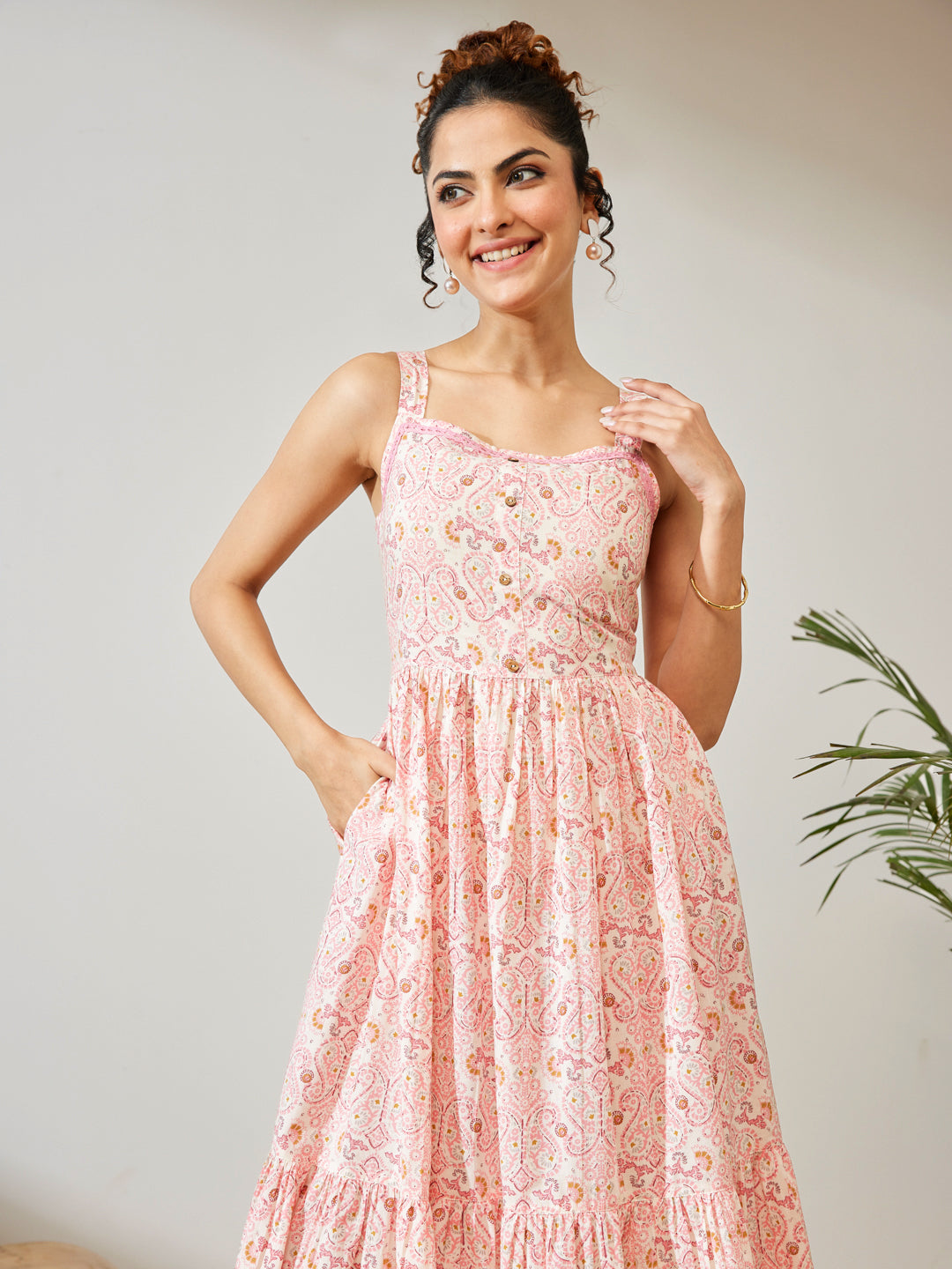 Naari By Shree Women's Peach Pure Cotton Paisley Printed Fit & Flare Dress