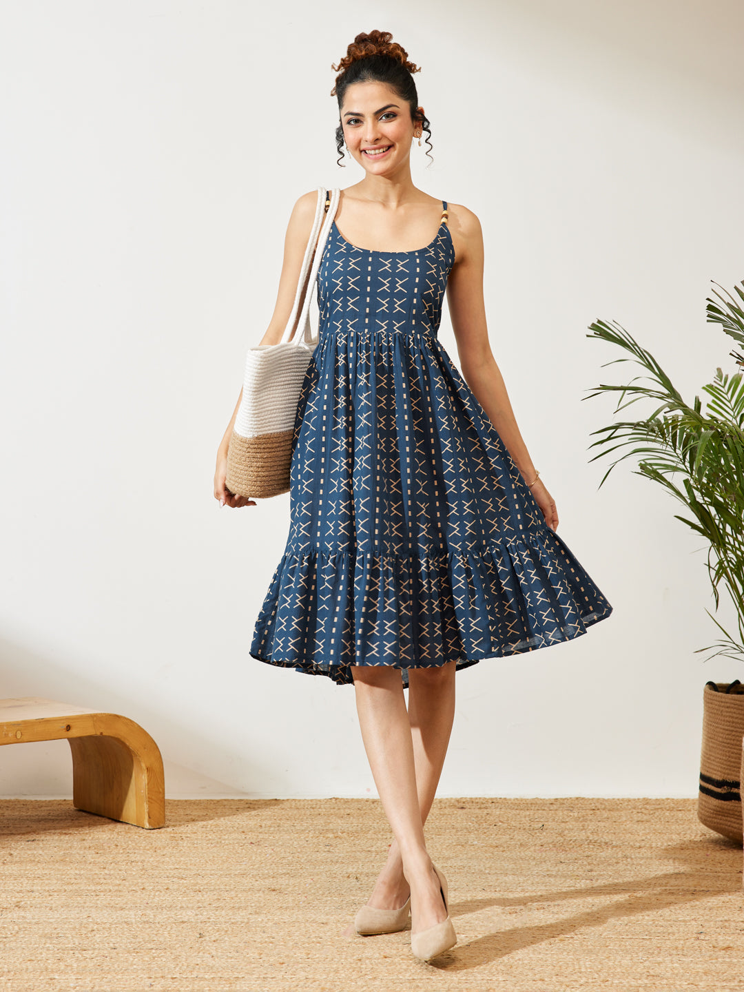 Naari By Shree Women's Navy Blue Pure Cotton Abstract Printed A-line Dress