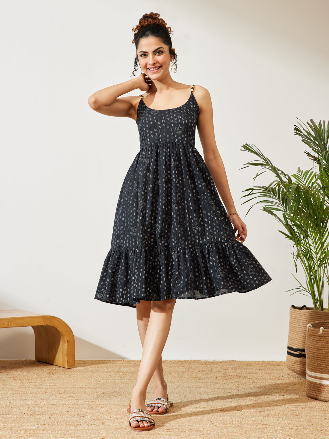 Naari By Shree Women's Navy Blue Pure Cotton Ethnic Motifs Printed A-line Dress