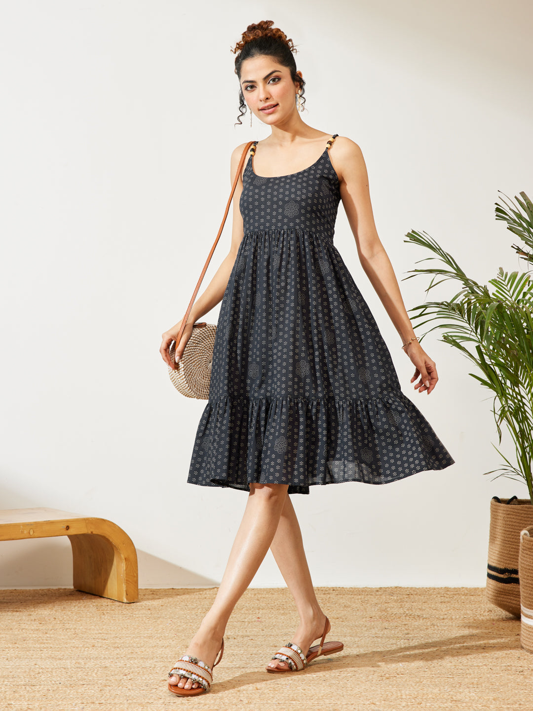 Naari By Shree Women's Navy Blue Pure Cotton Ethnic Motifs Printed A-line Dress