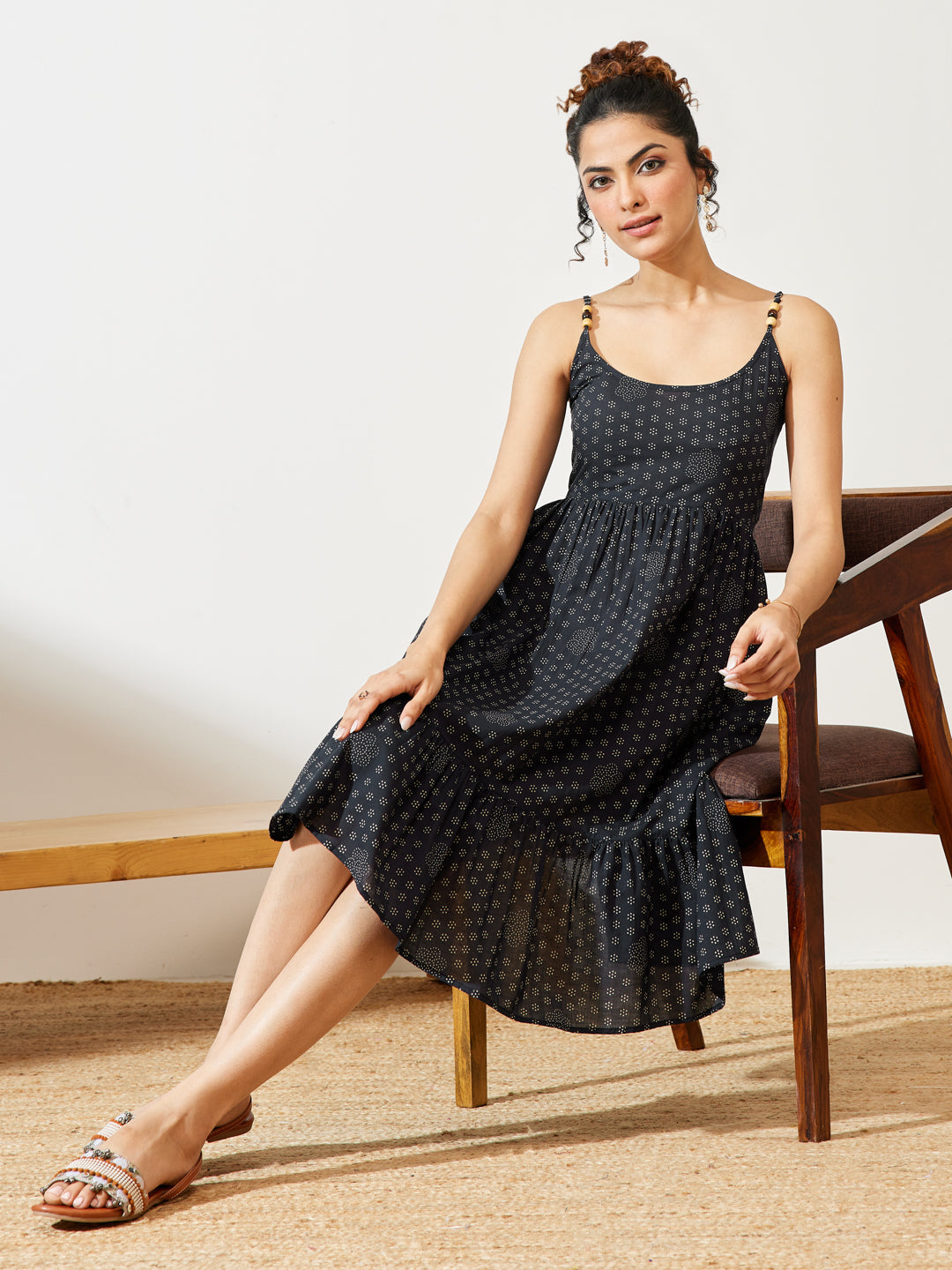 Naari By Shree Women's Navy Blue Pure Cotton Ethnic Motifs Printed A-line Dress