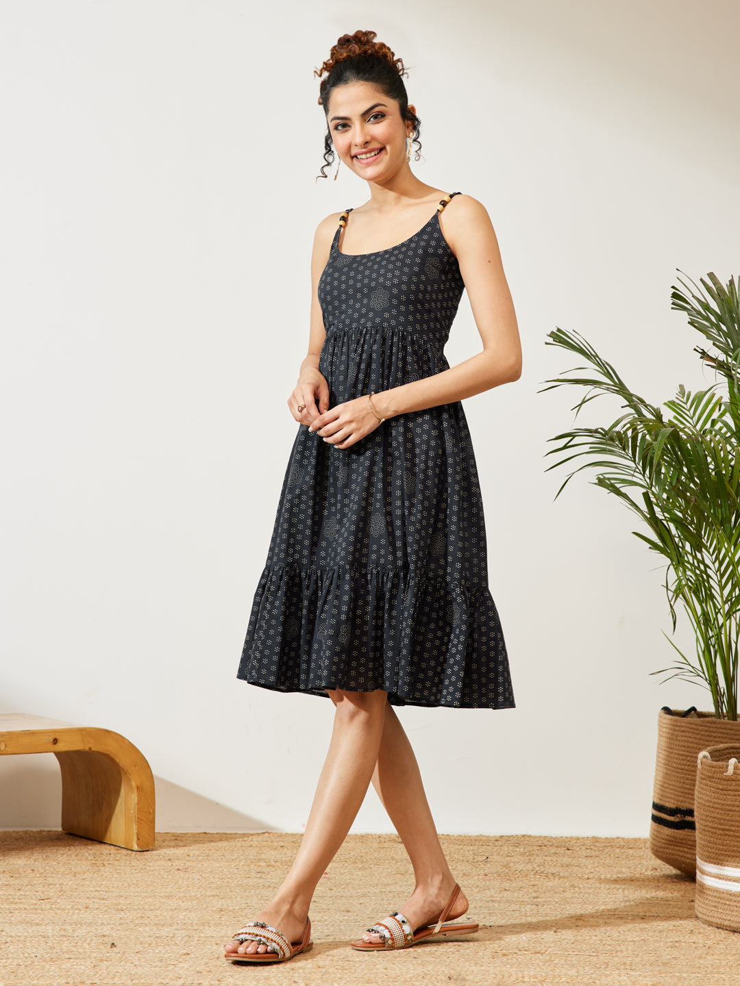 Naari By Shree Women's Navy Blue Pure Cotton Ethnic Motifs Printed A-line Dress