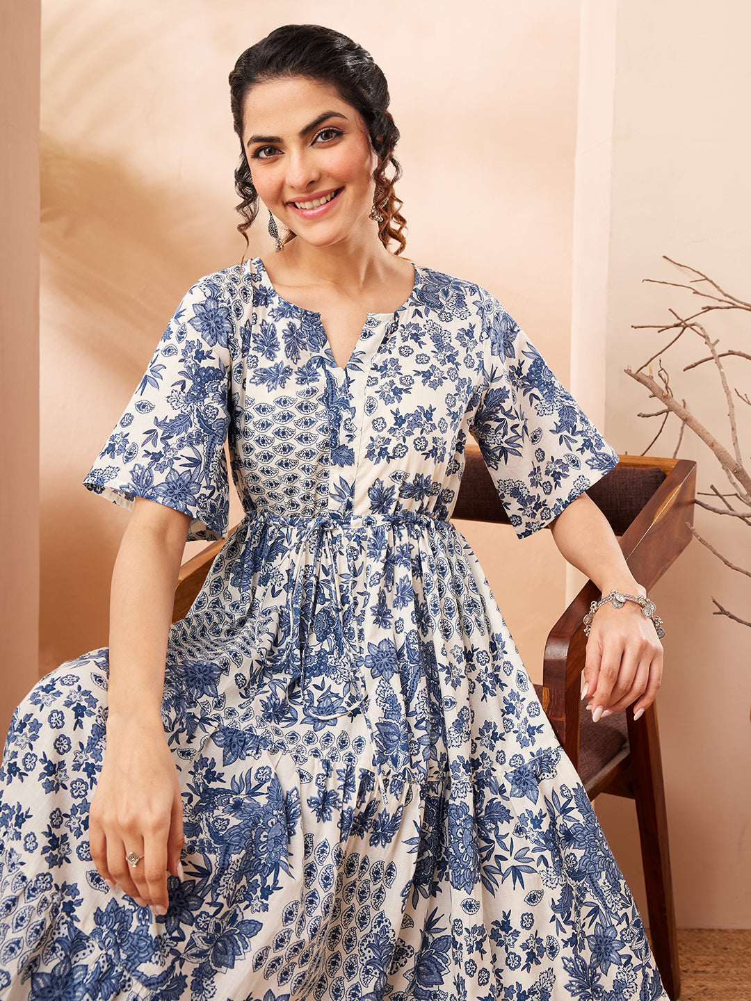 Naari By Shree Women's Blue Pure Cotton Floral Printed Fit & Flare Dress