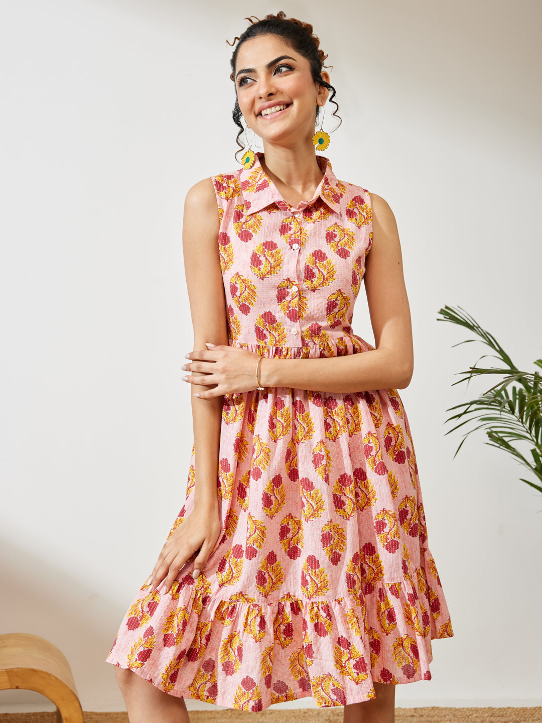 Naari By Shree Women's Pink Pure Cotton Floral Printed Fit & Flare Dress