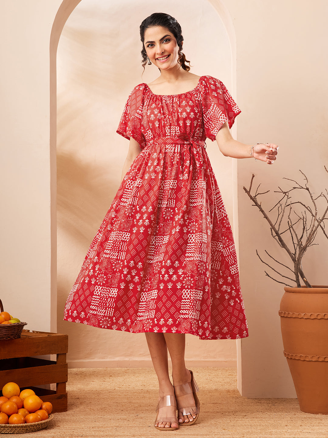 Naari By Shree Women's Red Pure Cotton Printed A-line Dress