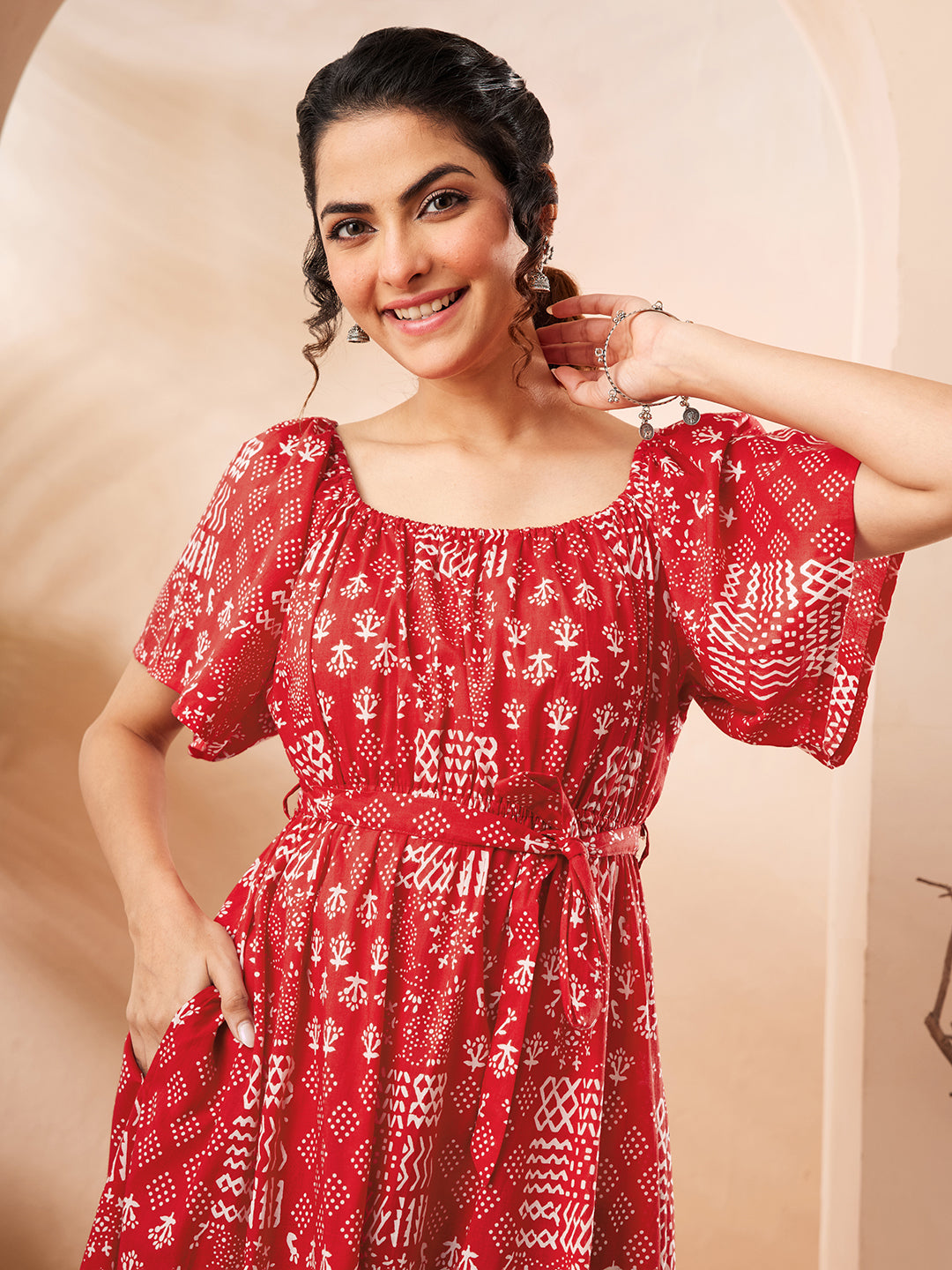 Naari By Shree Women's Red Pure Cotton Printed A-line Dress