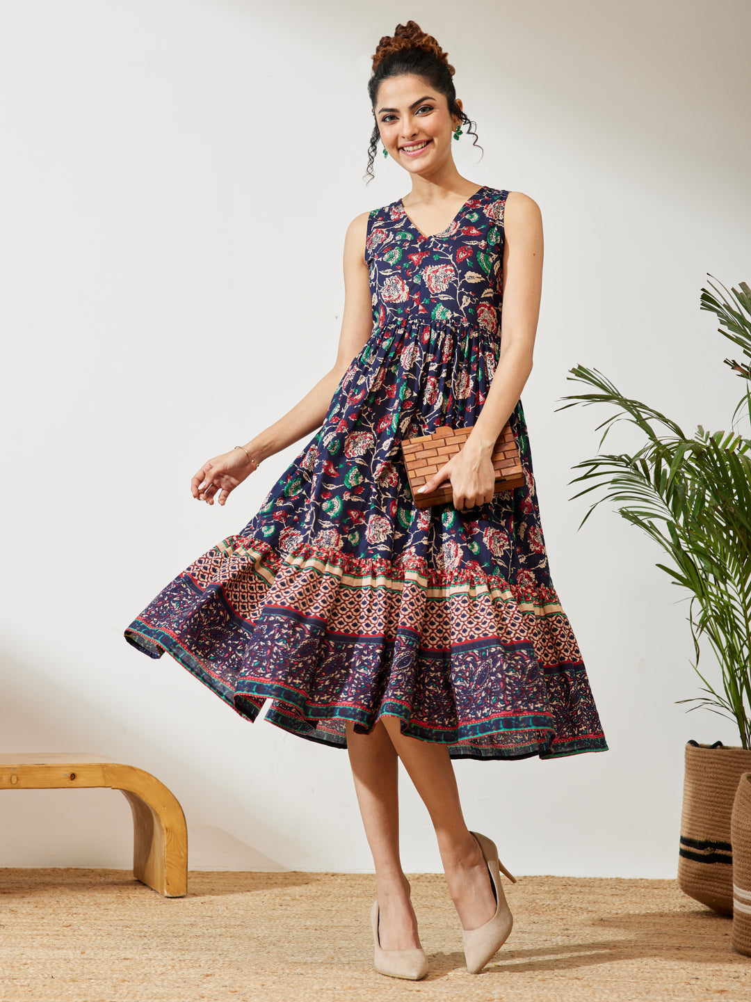 Naari By Shree Women's Navy Blue Pure Cotton Floral Prinrted Gathered Dress