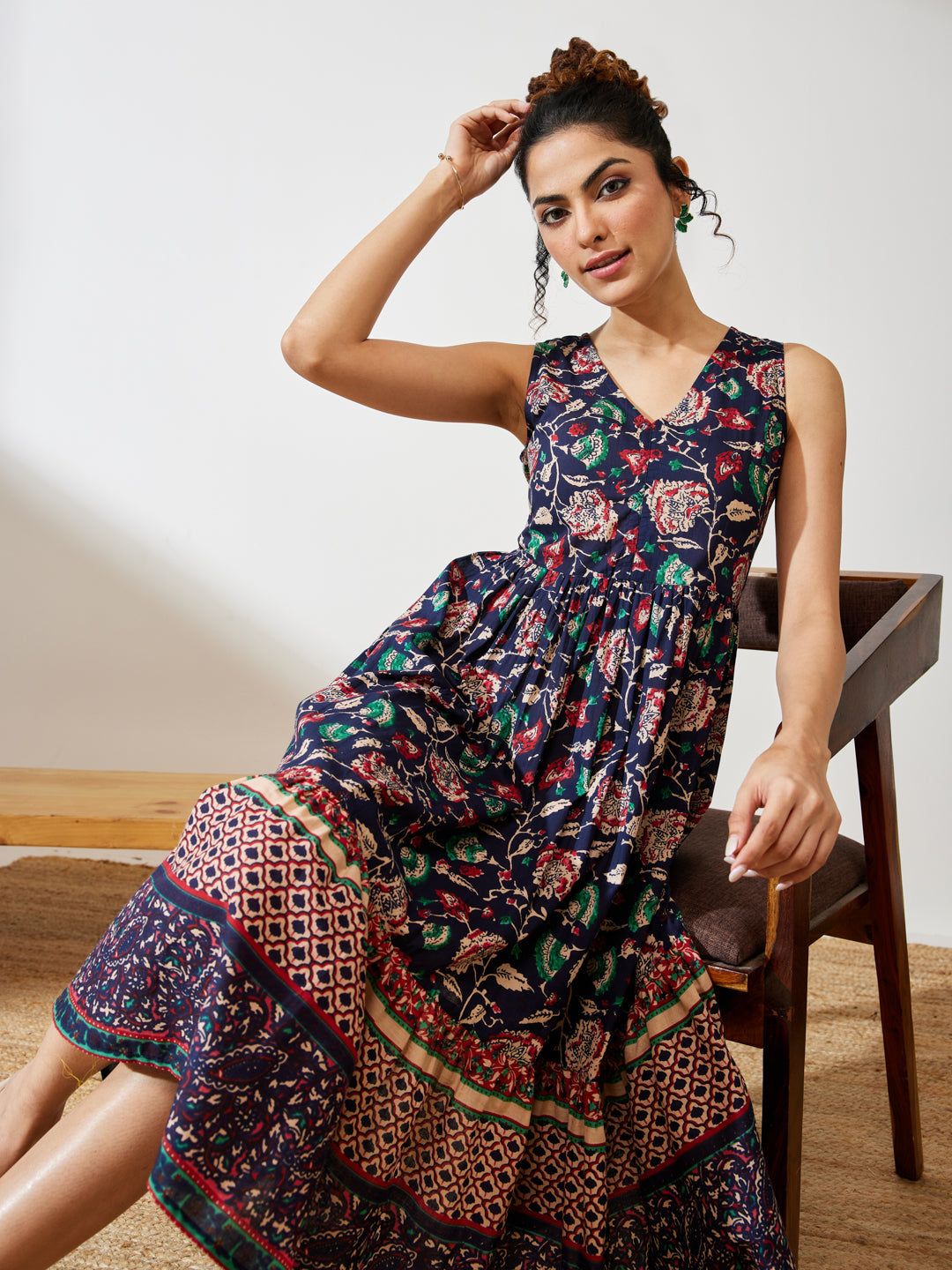 Naari By Shree Women's Navy Blue Pure Cotton Floral Prinrted Gathered Dress