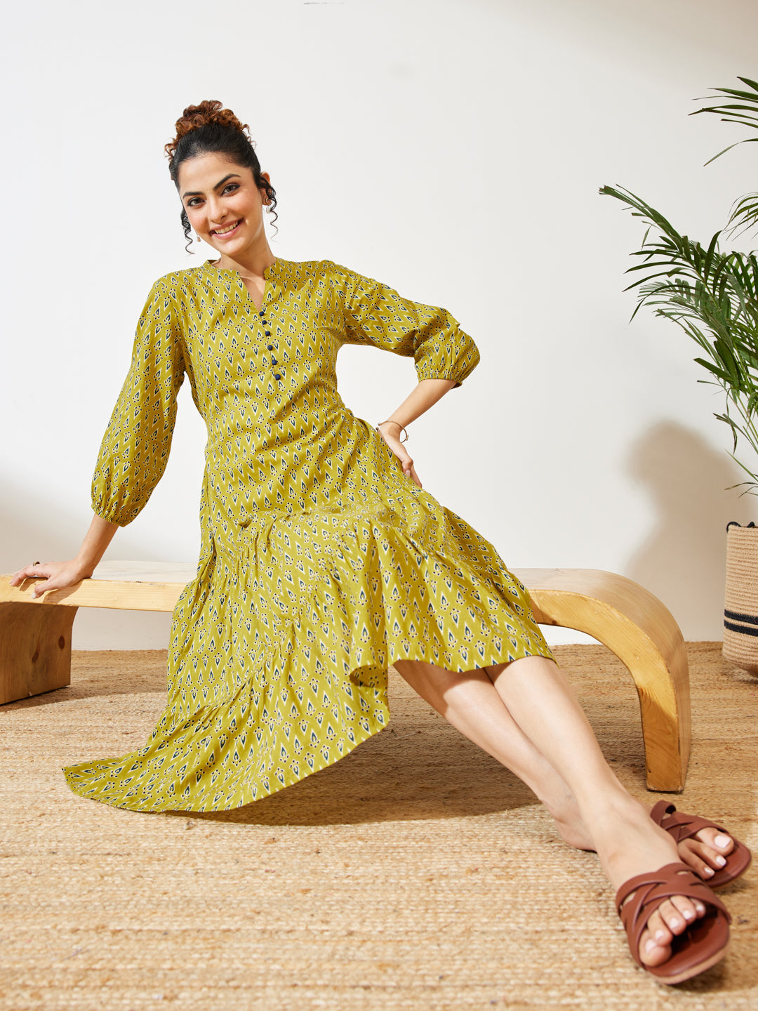 Naari By Shree Women's Mustard Pure Cotton Ethnic Motif Printed Fit & Flare Dress