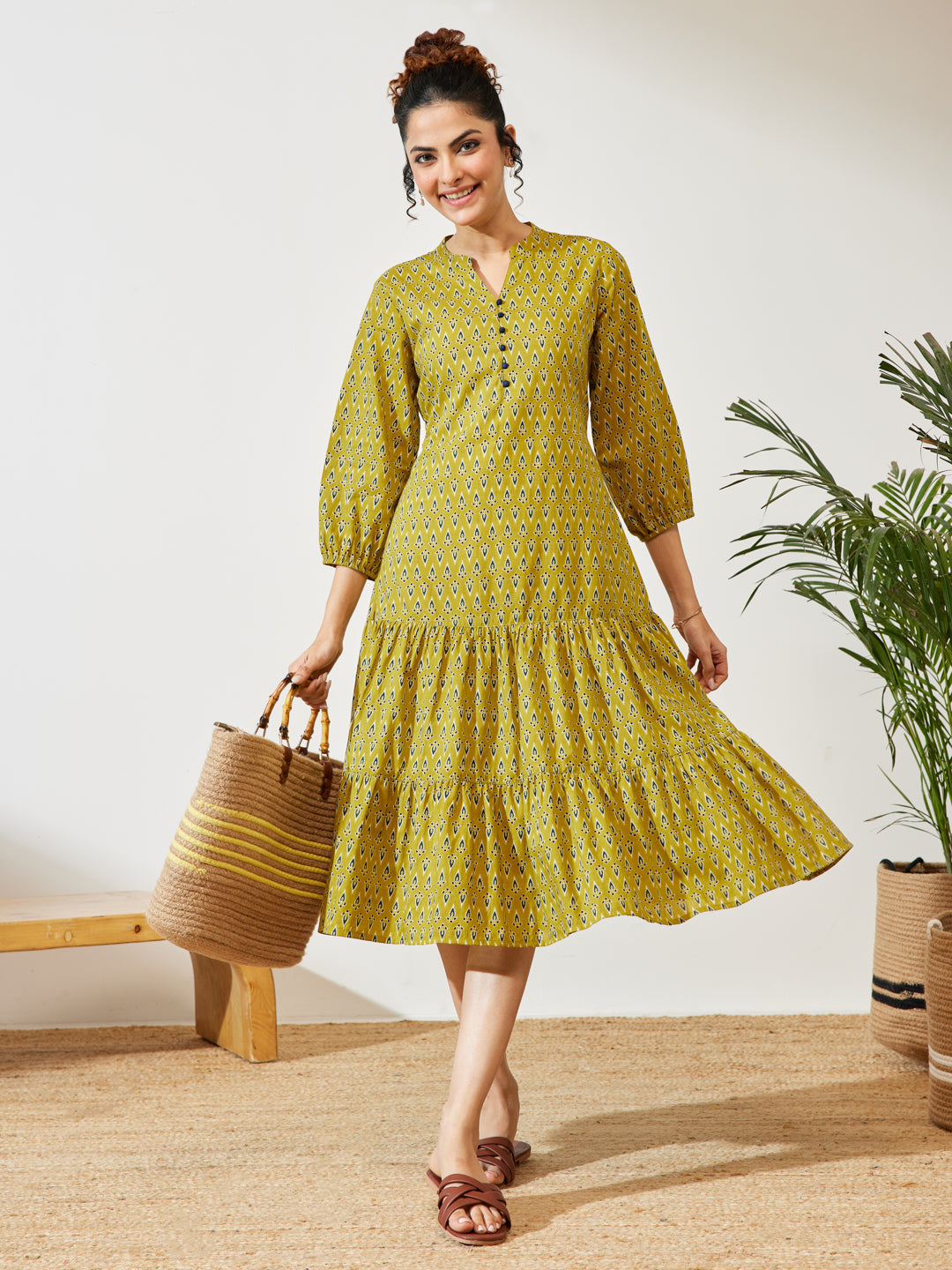 Naari By Shree Women's Mustard Pure Cotton Ethnic Motif Printed Fit & Flare Dress