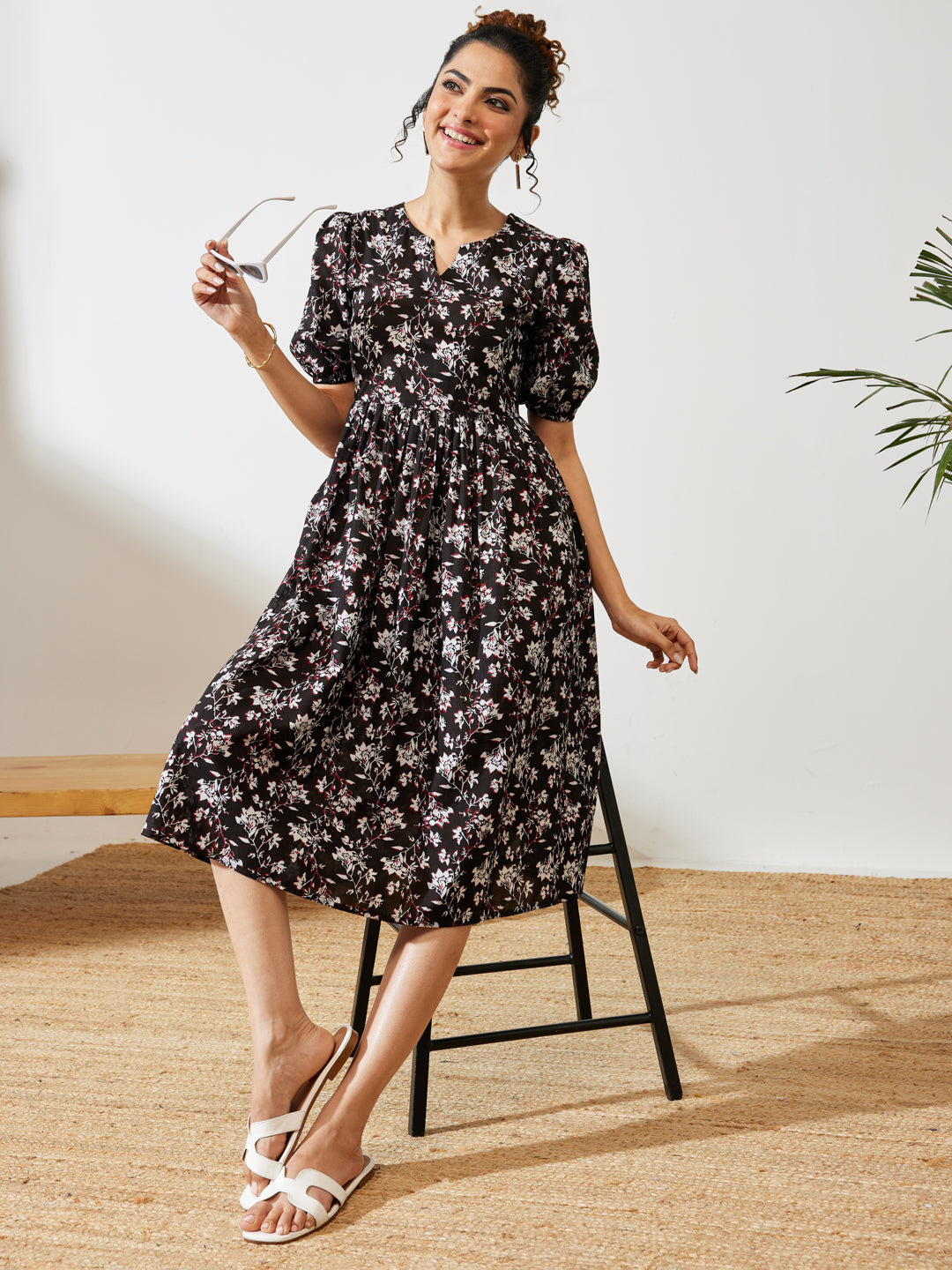 Naari By Shree Women's Black Pure Cotton Floral Printed Gathered Dress