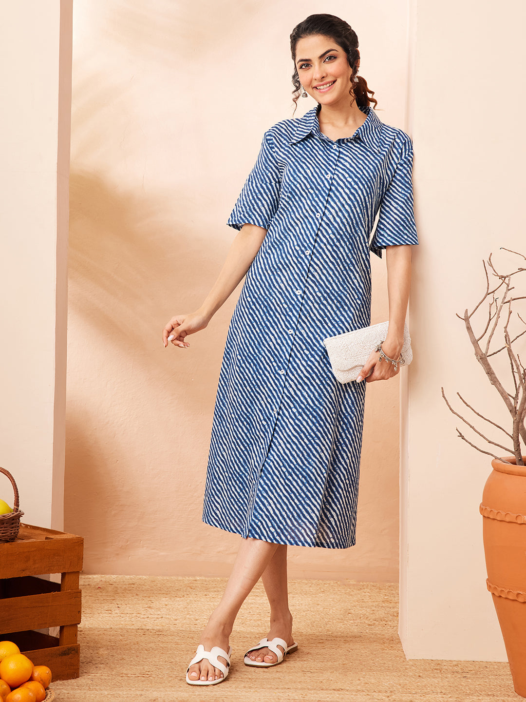 Naari By Shree Women's Blue Pure Cotton Leheriya Printed A-line Dress