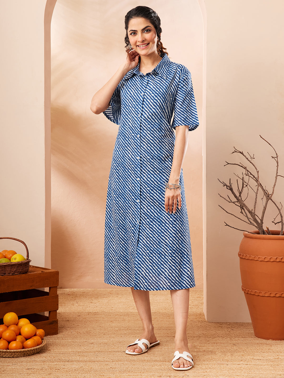 Naari By Shree Women's Blue Pure Cotton Leheriya Printed A-line Dress