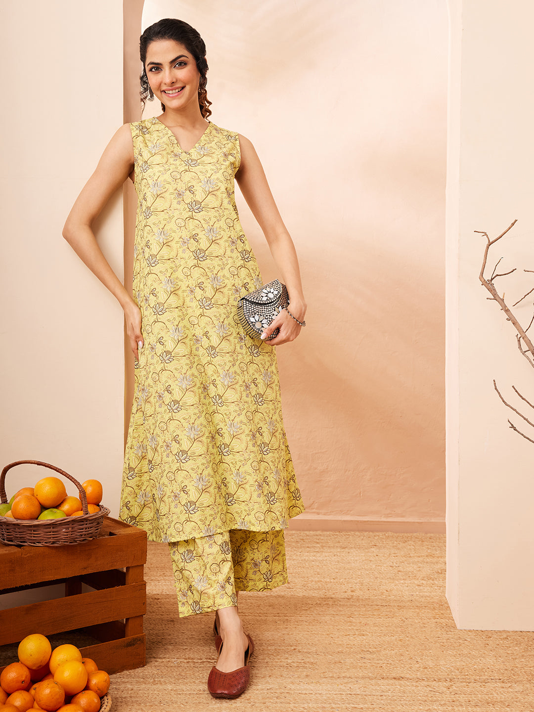 Naari By Shree Women's Yellow Cotton Floral Printed A-line Kurta With Pant Set