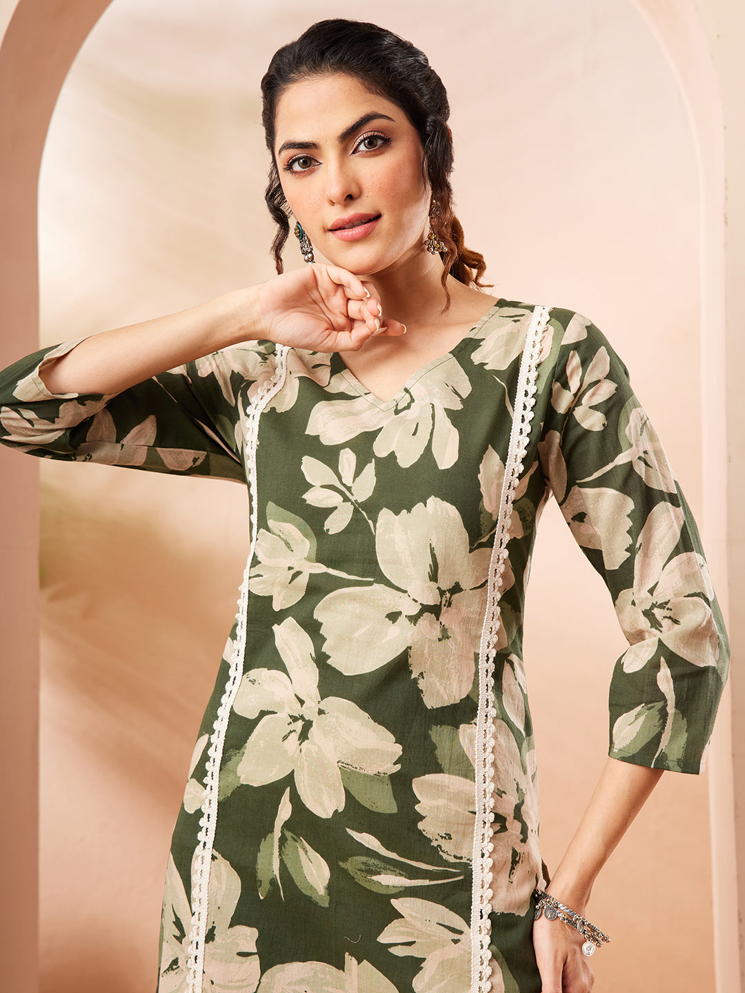 Naari By Shree Women's Olive Pure Cotton Floral Printed Straight Kurta Pant Set