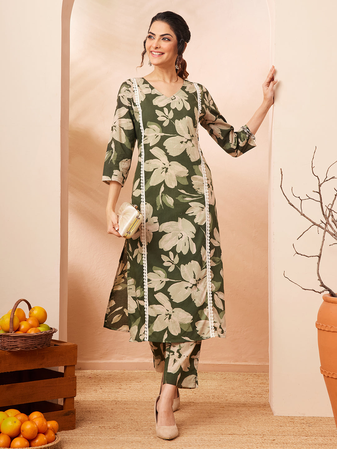 Naari By Shree Women's Olive Pure Cotton Floral Printed Straight Kurta Pant Set