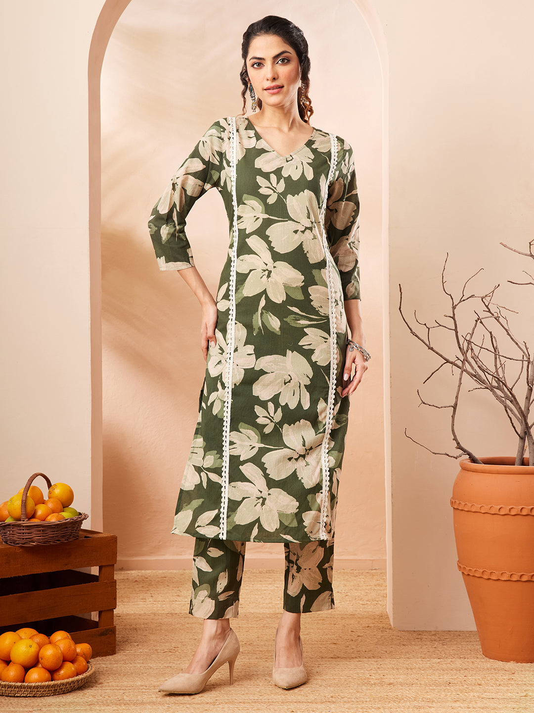 Naari By Shree Women's Olive Pure Cotton Floral Printed Straight Kurta Pant Set
